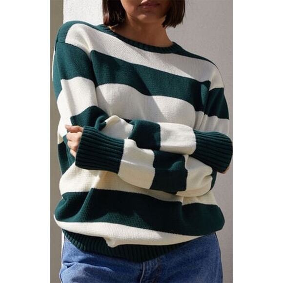 John Galt Brianna Forest Green Ivory Chunky Stripe Coastal Preppy Sweater SZ L - Picture 2 of 9